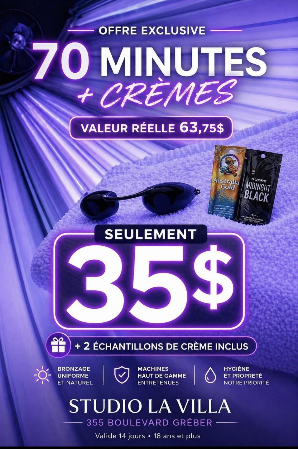 Forfait Bronzage UV – 70 min | 35$ taxes incluses ☀️